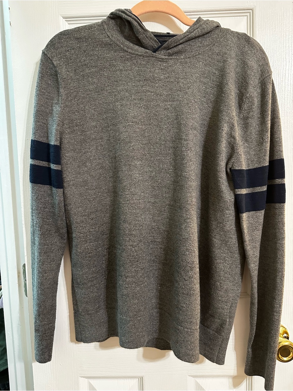 Banana Republic Gray Hooded Crewneck Sweater with Navy Sleeve Stripes